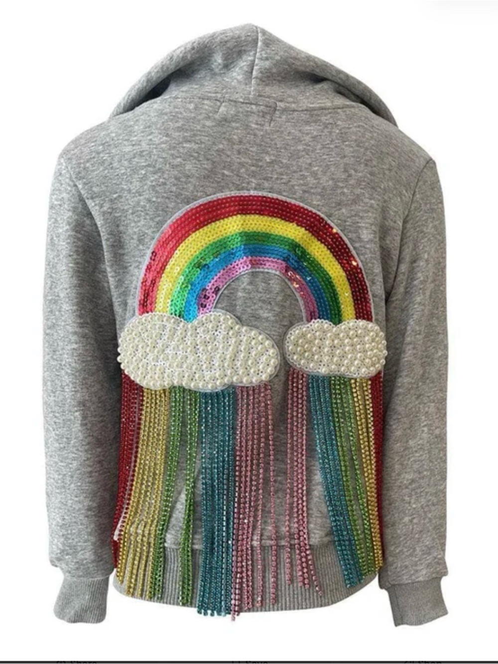 Lola + The Boys Gray Sweatshirt with Multicolor Sequin Rainbow & Pearl Clouds